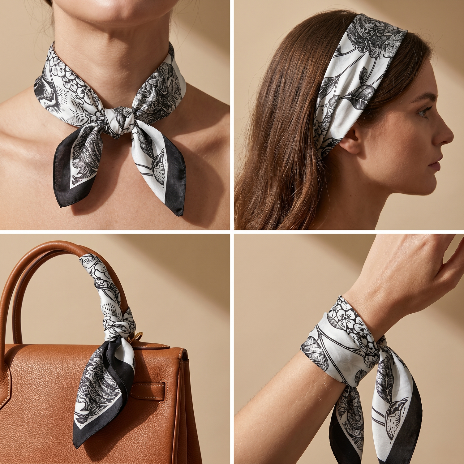 Roselys Paris foulard femme blanc noir baroque carré satiné 70x70 cm, en bandeau dans les cheveux