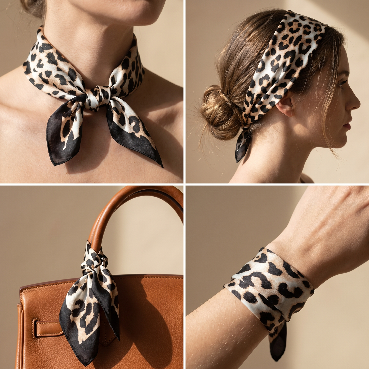 Roselys Paris foulard femme marron noir animalier carré satiné 70x70 cm, en bandeau dans les cheveux