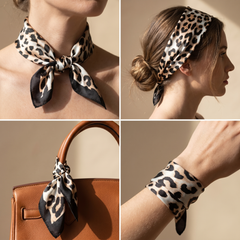 Roselys Paris foulard femme marron noir animalier carré satiné 70x70 cm, en bandeau dans les cheveux