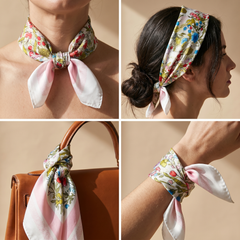 Roselys Paris foulard femme blanc rose fleuri carré satiné 70x70 cm, en bandeau dans les cheveux