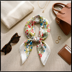 Roselys Paris foulard femme blanc rose fleuri carré satiné 70x70 cm, porté au cou