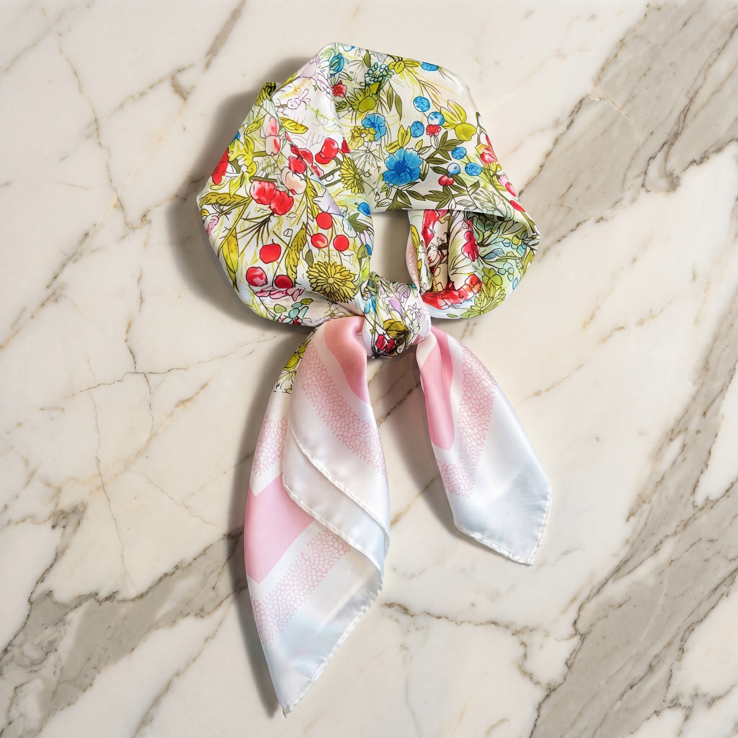 Roselys Paris foulard femme blanc rose fleuri carré satiné 70x70 cm