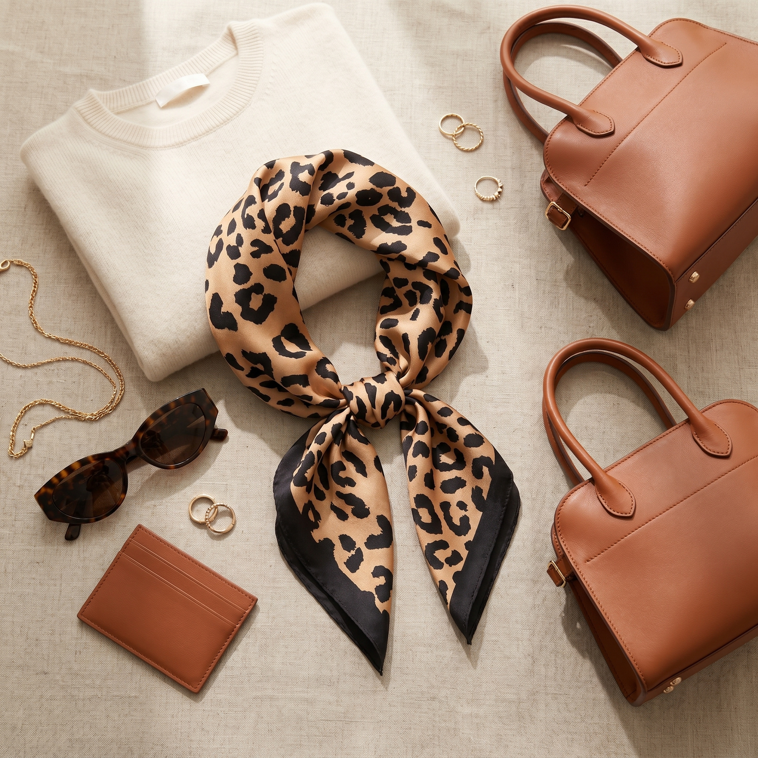 Roselys Paris foulard femme marron noir animalier carré satiné 70x70 cm, porté au cou