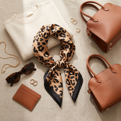 Roselys Paris foulard femme marron noir animalier carré satiné 70x70 cm, porté au cou
