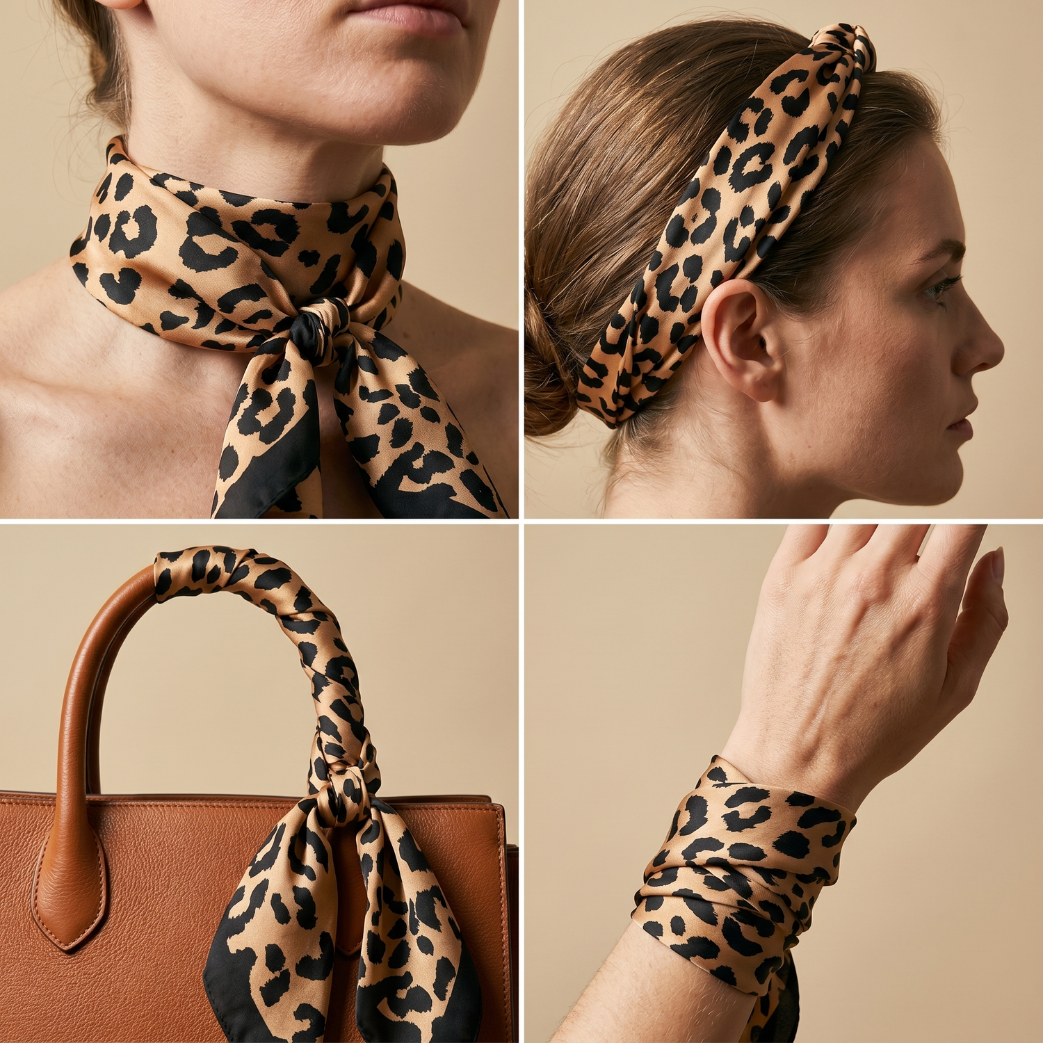 Roselys Paris foulard femme marron noir animalier carré satiné 70x70 cm, en bandeau dans les cheveux