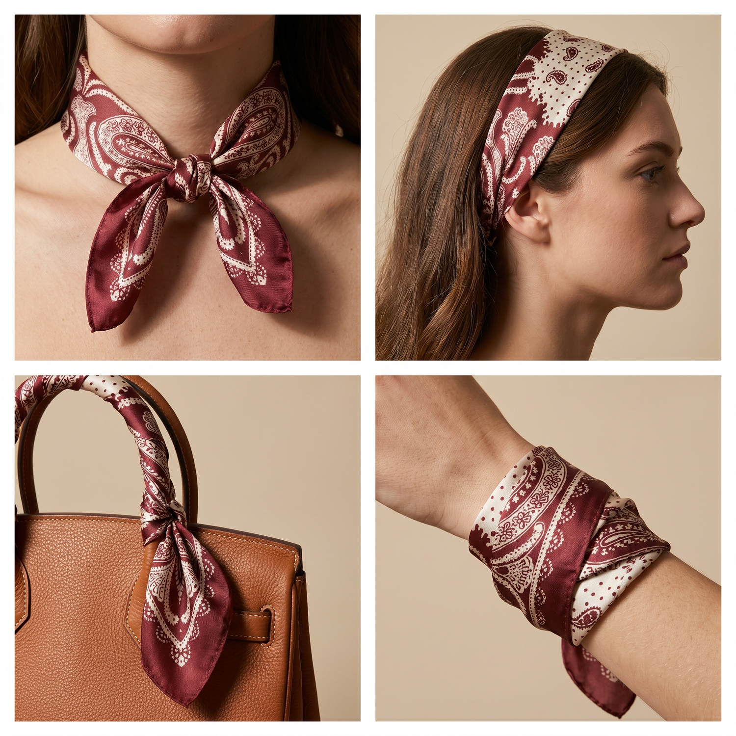 Roselys Paris foulard femme bordeaux crème paisley carré satiné 70x70 cm, en bandeau dans les cheveux