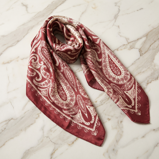 Roselys Paris foulard femme bordeaux crème paisley carré satiné 70x70 cm