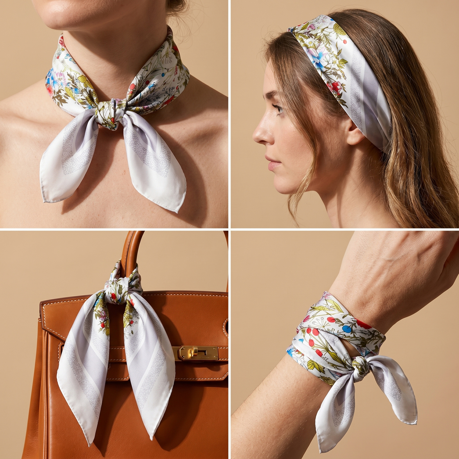 Roselys Paris foulard femme blanc rose fleuri carré satiné 70x70 cm, en bandeau dans les cheveux