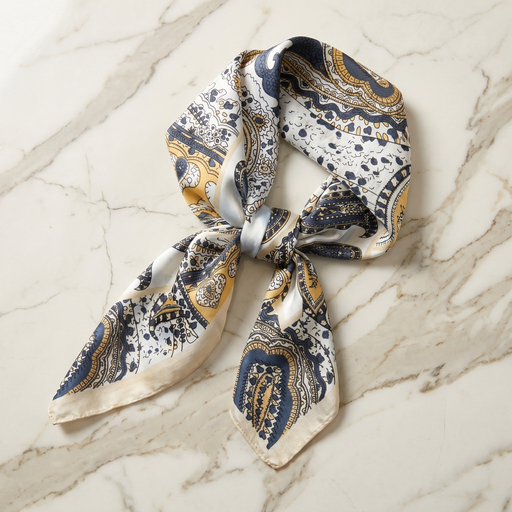 Roselys Paris foulard femme marine gris paisley carré satiné 70x70 cm