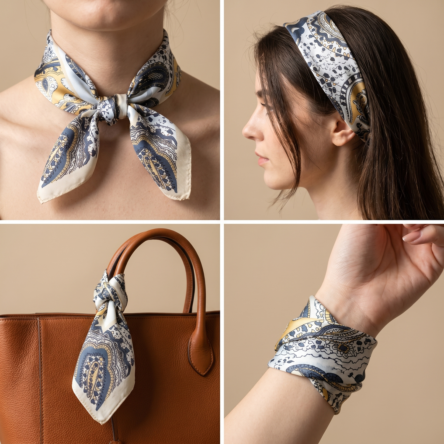 Roselys Paris foulard femme marine gris paisley carré satiné 70x70 cm, en bandeau dans les cheveux