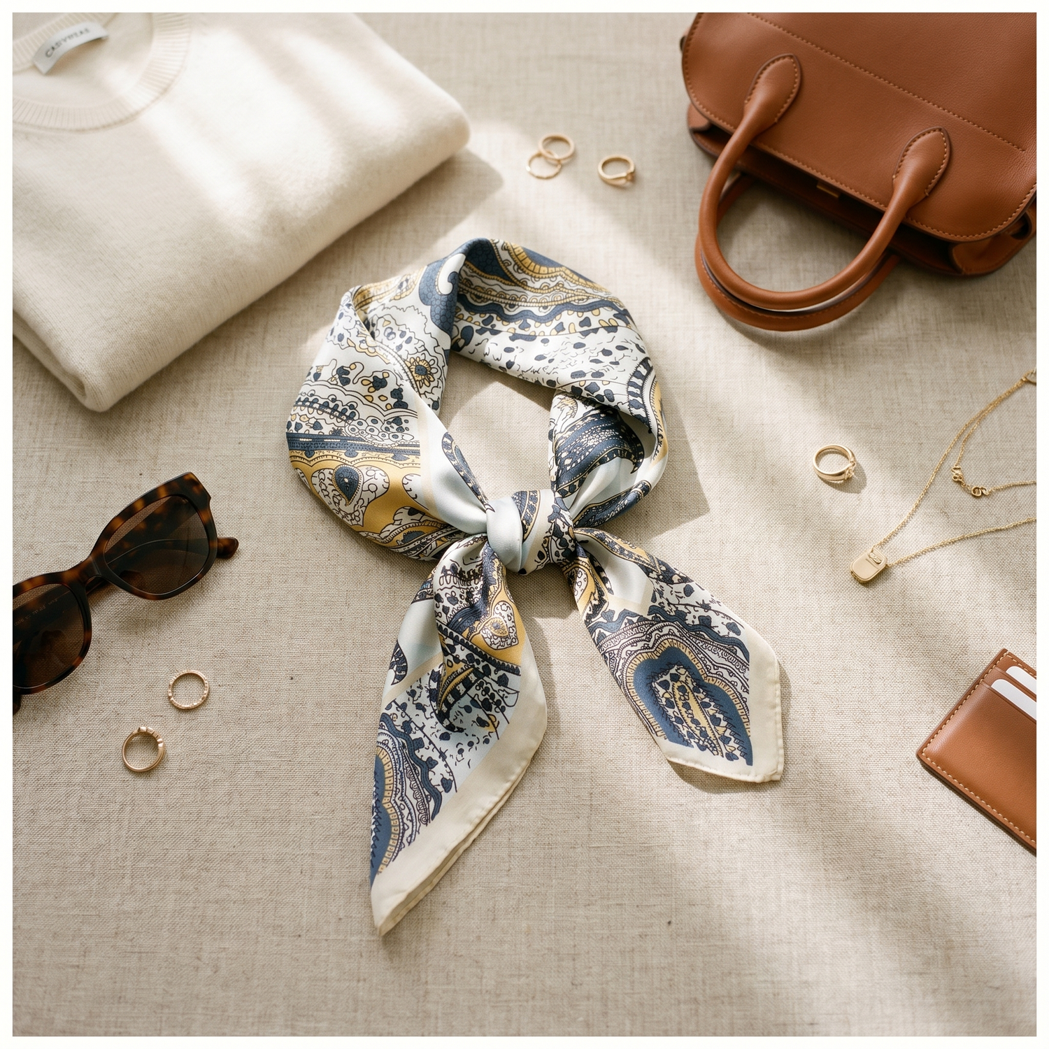 Roselys Paris foulard femme marine gris paisley carré satiné 70x70 cm, porté au cou