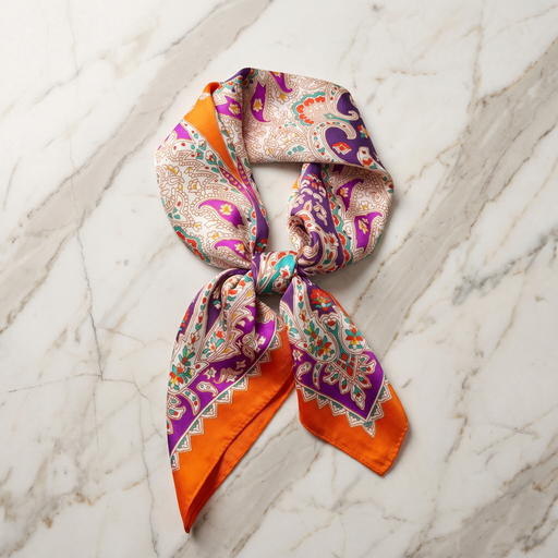 Roselys Paris foulard femme rose orange paisley carré satiné 70x70 cm