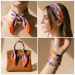 Roselys Paris foulard femme rose orange paisley carré satiné 70x70 cm, en bandeau dans les cheveux