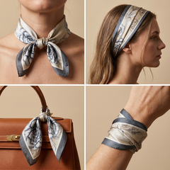 Roselys Paris foulard femme crème bleu baroque carré satiné 70x70 cm, en bandeau dans les cheveux