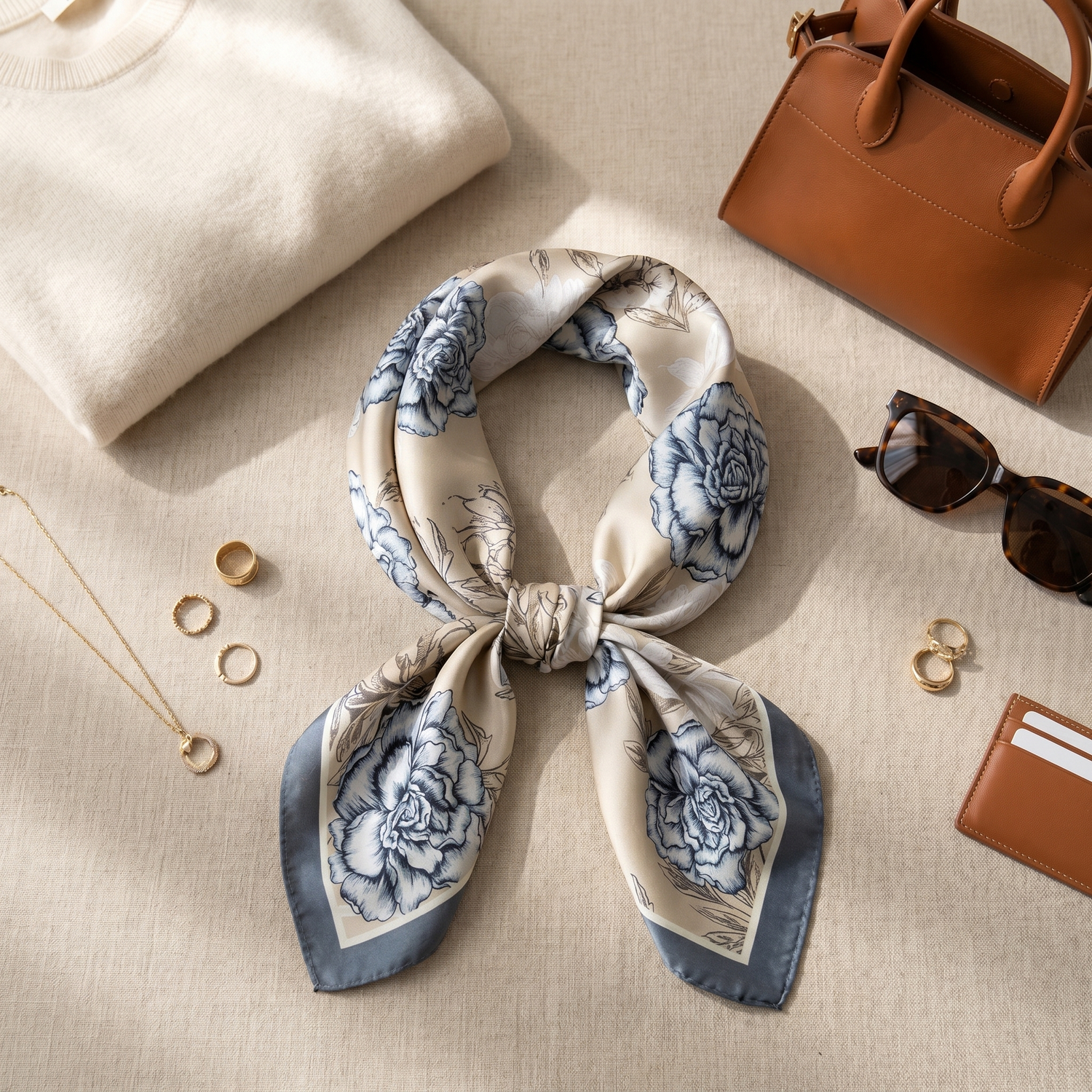 Roselys Paris foulard femme crème bleu baroque carré satiné 70x70 cm, porté au cou