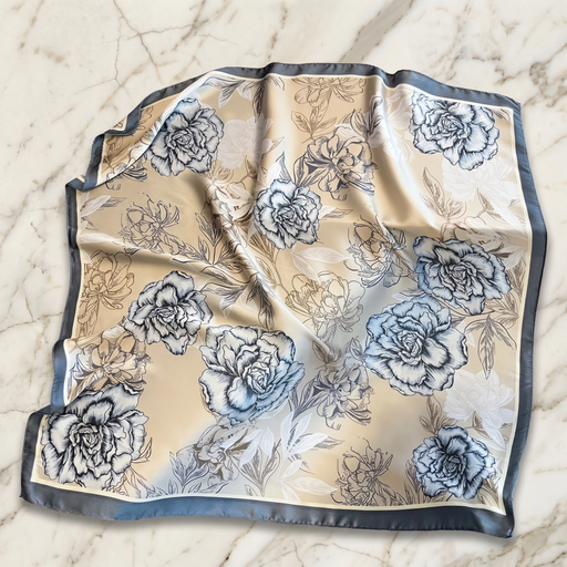 Roselys Paris foulard femme crème bleu baroque carré satiné 70x70 cm