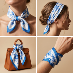 Roselys Paris foulard femme blanc bleu fleuri carré satiné 70x70 cm, en bandeau dans les cheveux