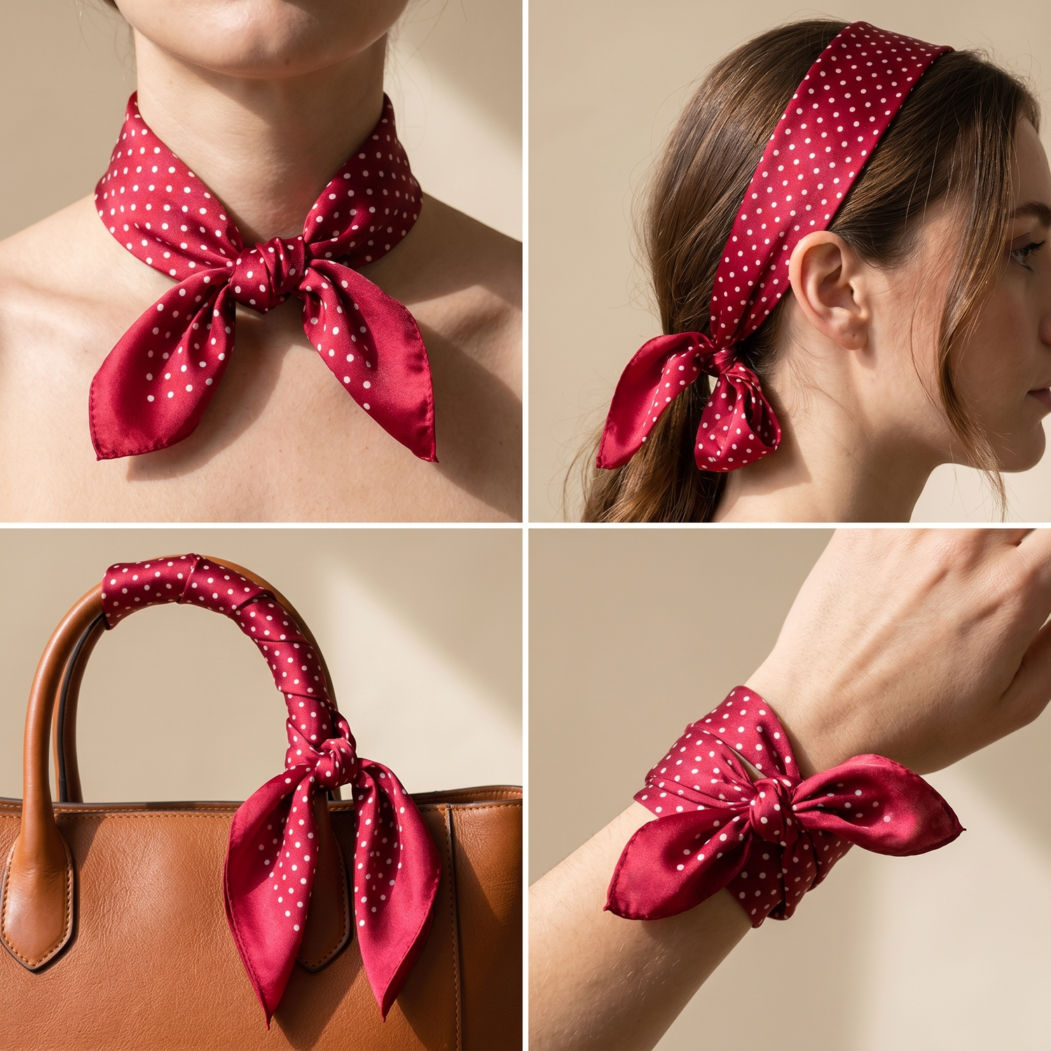 Roselys Paris foulard femme rouge blanc géométrique carré satiné 70x70 cm, en bandeau dans les cheveux