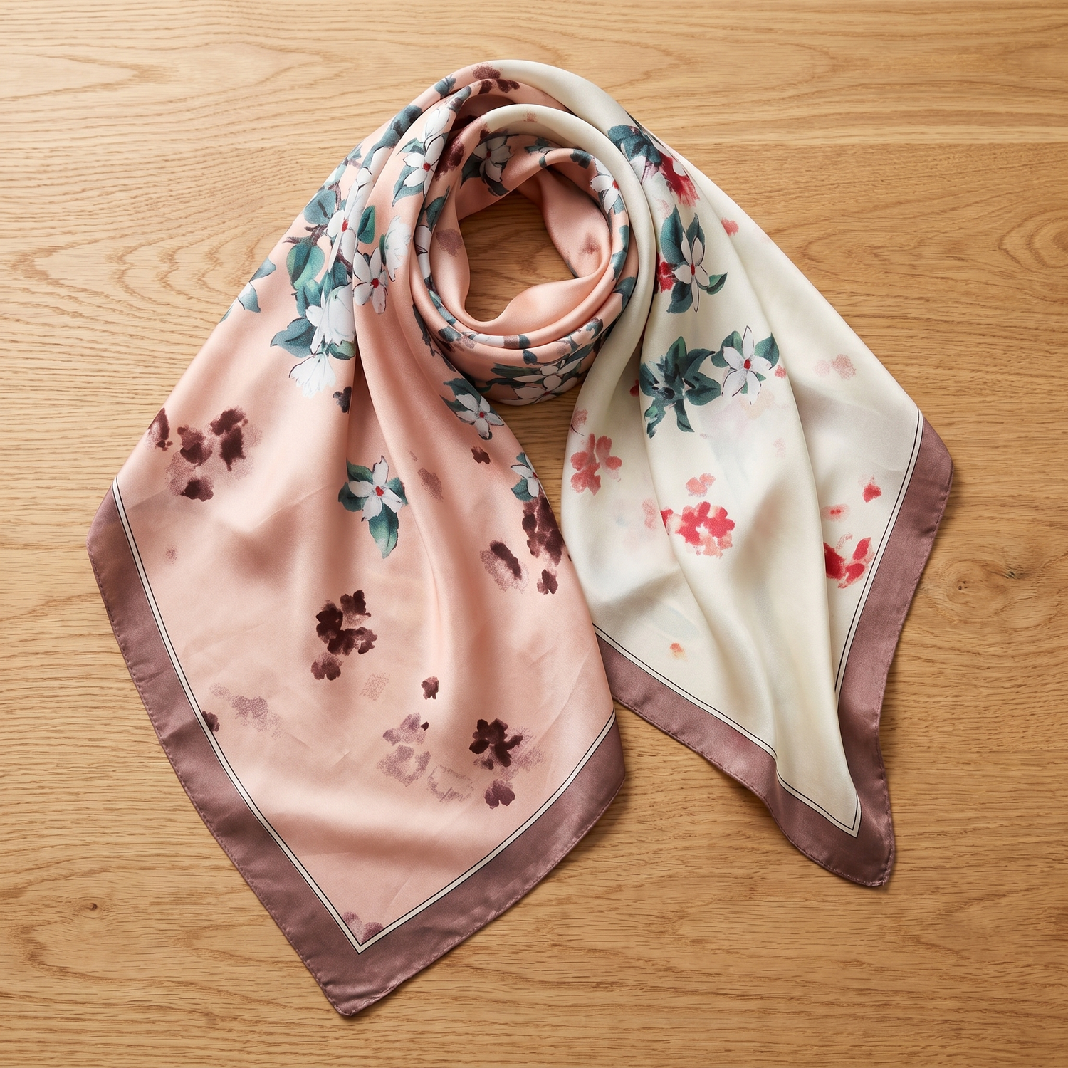 Roselys Paris foulard femme rose crème fleuri carré satiné 70x70 cm