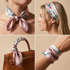 Roselys Paris foulard femme rose crème fleuri carré satiné 70x70 cm, en bandeau dans les cheveux