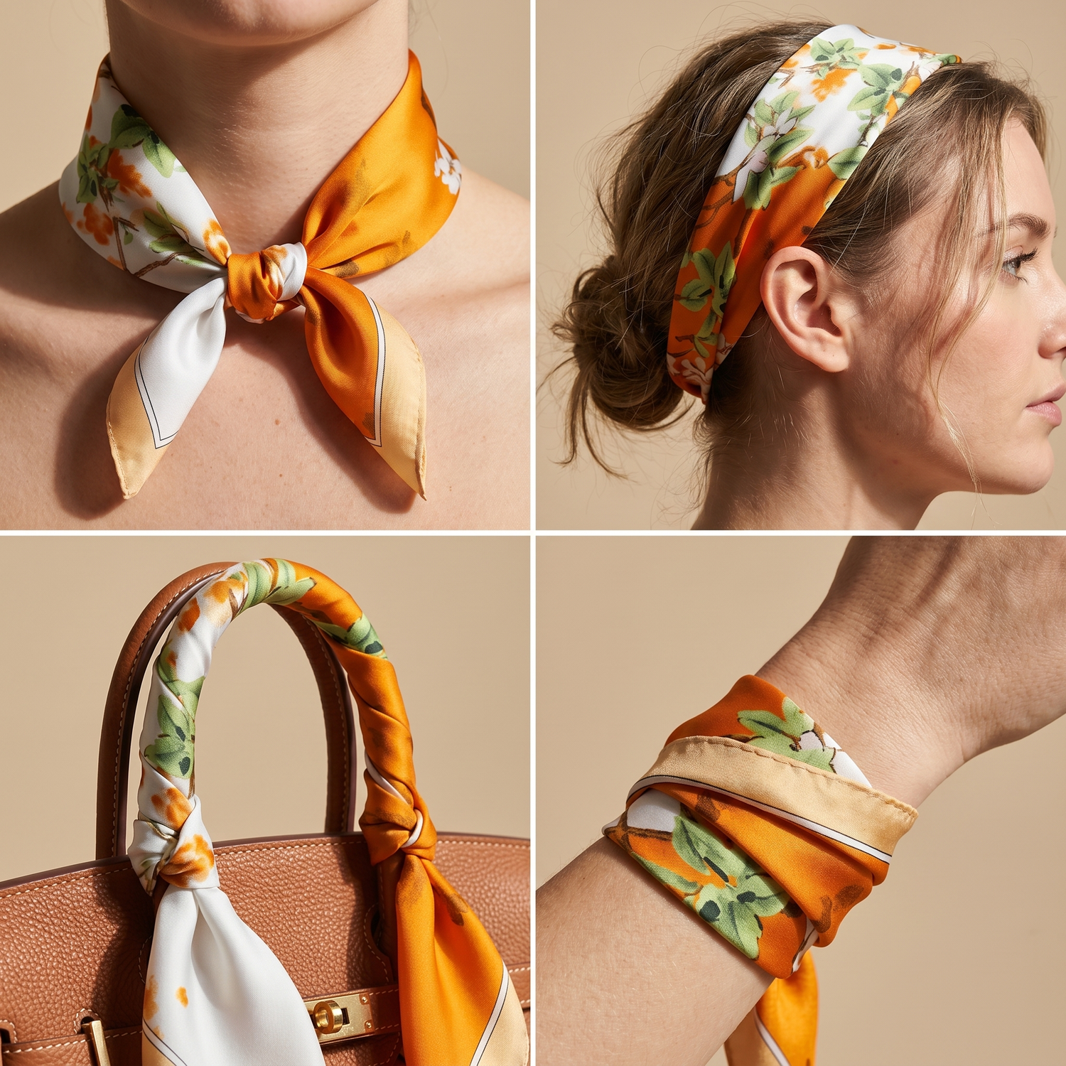 Roselys Paris foulard femme orange blanc fleuri carré satiné 70x70 cm, en bandeau dans les cheveux