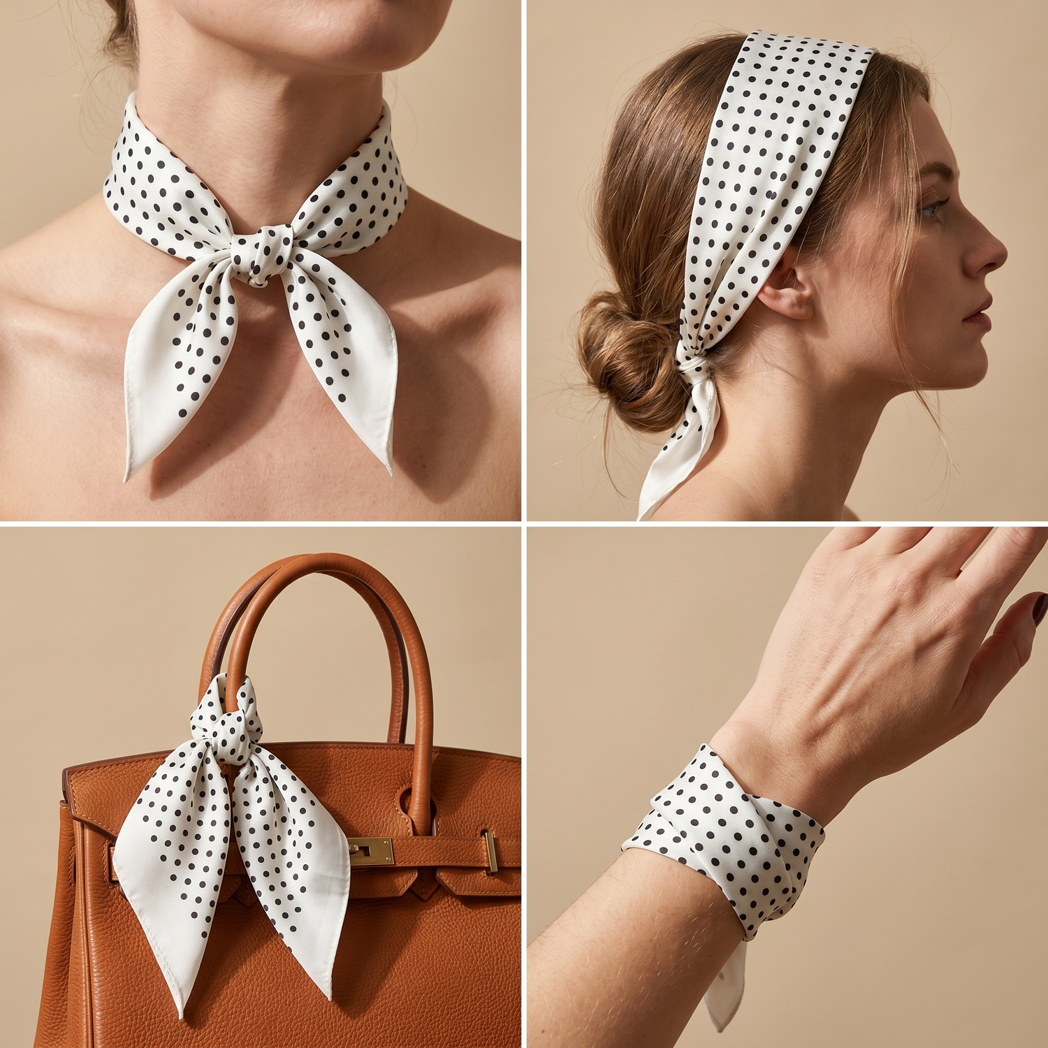 Roselys Paris foulard femme blanc noir géométrique carré satiné 70x70 cm, en bandeau dans les cheveux