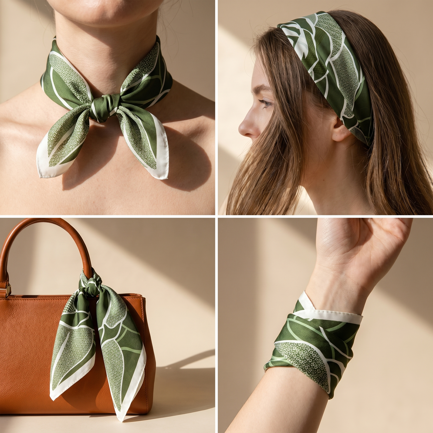 Roselys Paris foulard femme vert blanc fleuri carré satiné 70x70 cm, en bandeau dans les cheveux