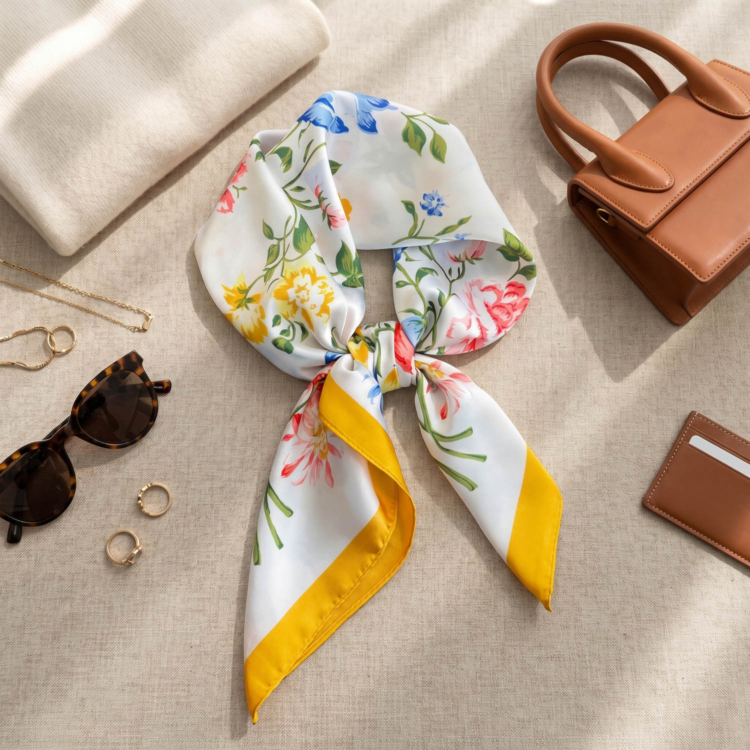 Roselys Paris foulard femme crème jaune fleuri carré satiné 70x70 cm, porté au cou