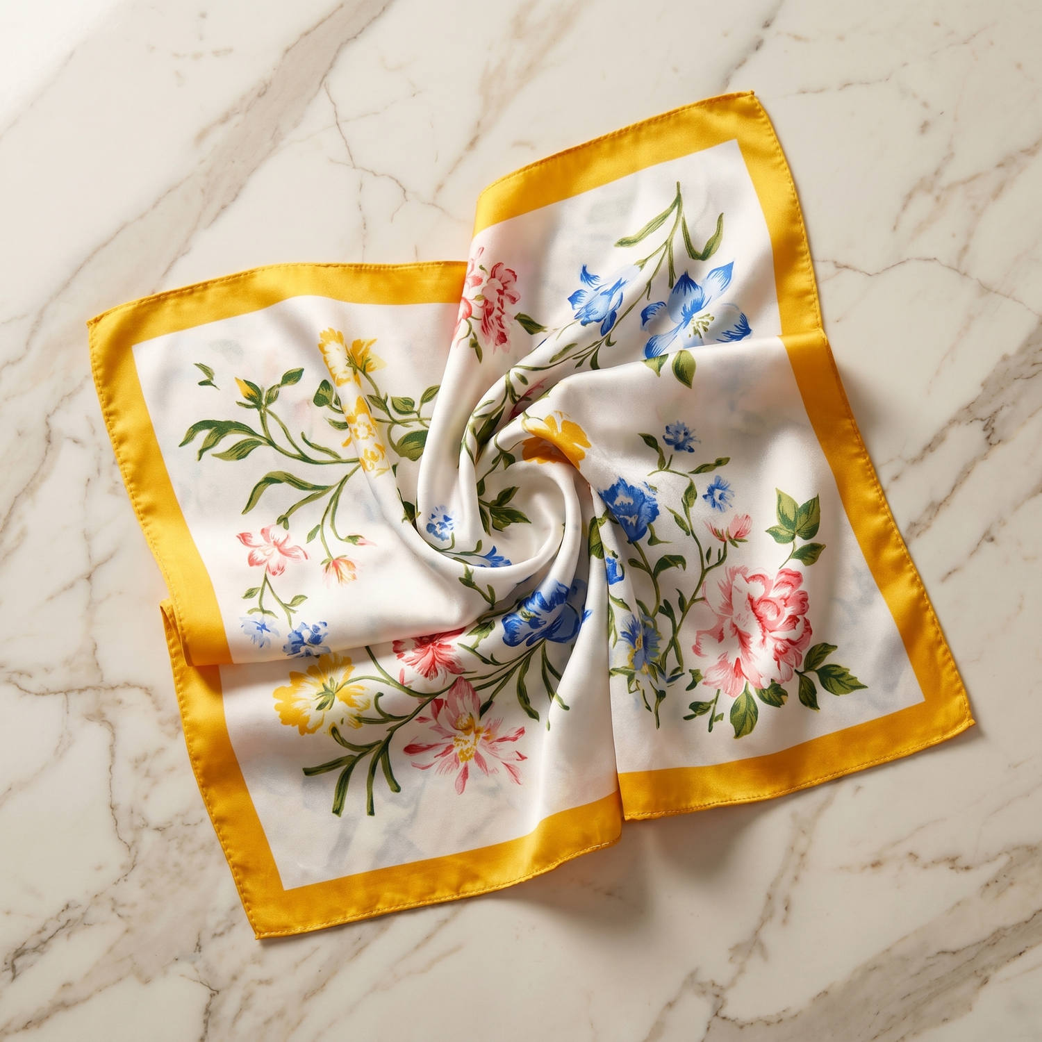 Roselys Paris foulard femme crème jaune fleuri carré satiné 70x70 cm
