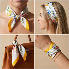 Roselys Paris foulard femme crème jaune fleuri carré satiné 70x70 cm, en bandeau dans les cheveux