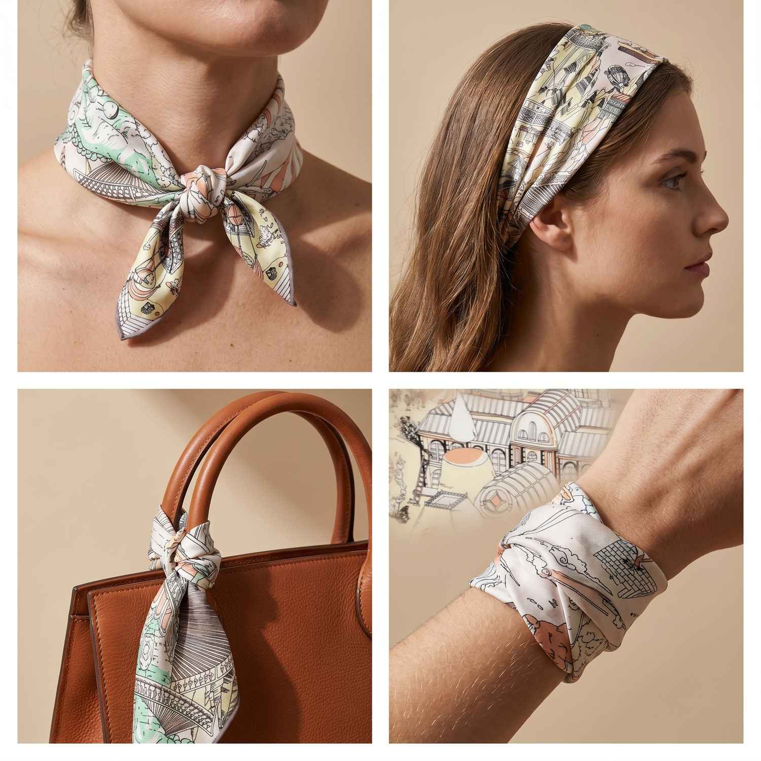 Roselys Paris foulard femme crème gris baroque carré satiné 70x70 cm, en bandeau dans les cheveux