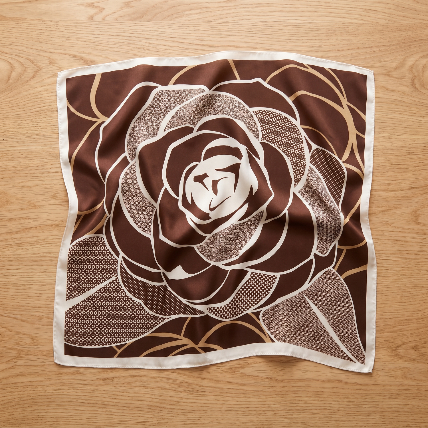Roselys Paris foulard femme marron crème fleuri carré satiné 70x70 cm