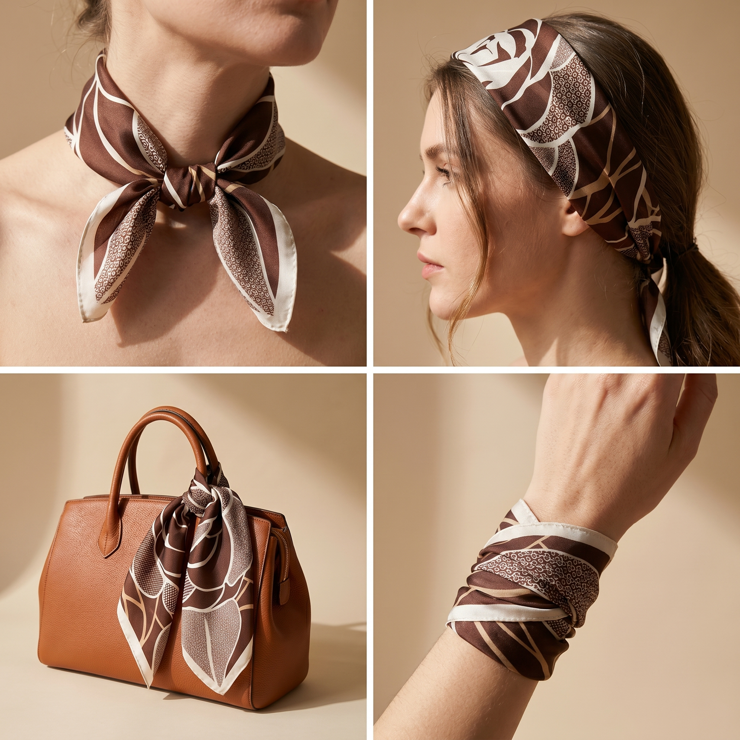 Roselys Paris foulard femme marron crème fleuri carré satiné 70x70 cm, en bandeau dans les cheveux