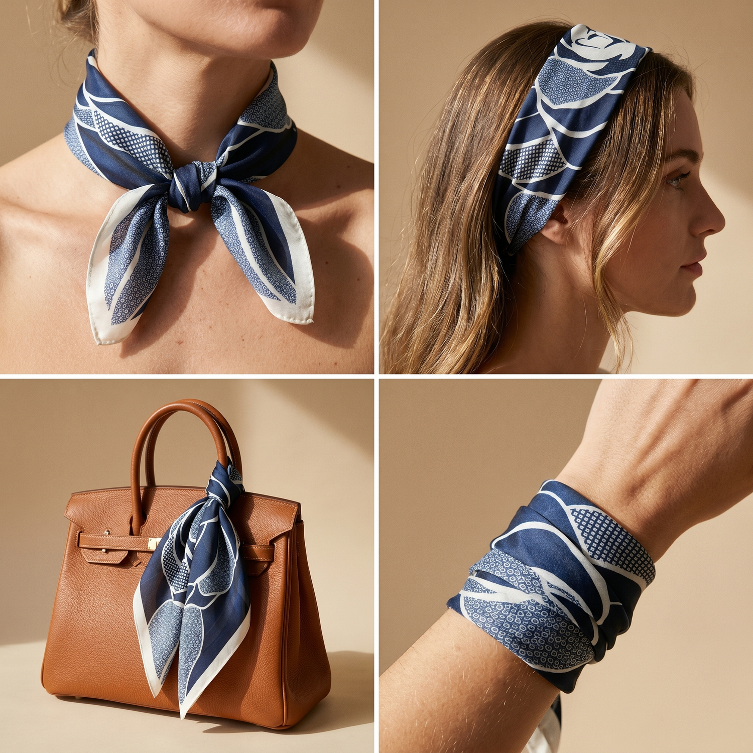 Roselys Paris foulard femme marine blanc fleuri carré satiné 70x70 cm, en bandeau dans les cheveux