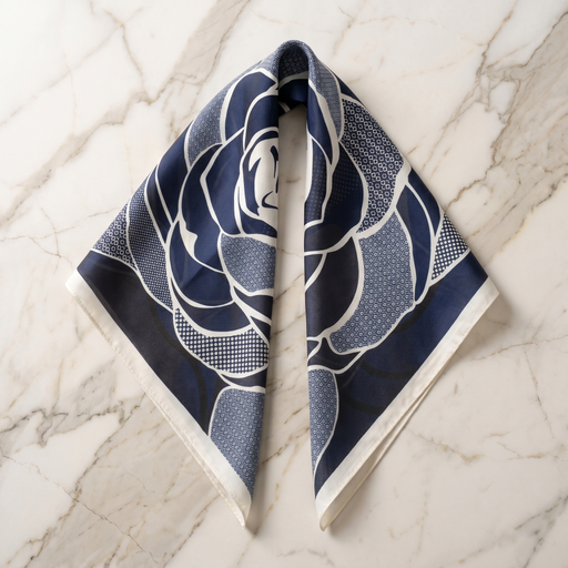 Roselys Paris foulard femme marine blanc fleuri carré satiné 70x70 cm