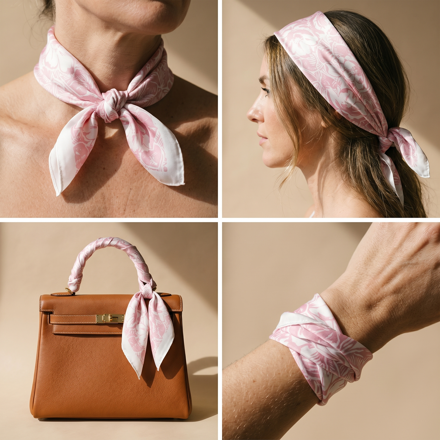 Roselys Paris foulard femme rose crème paisley carré satiné 70x70 cm, en bandeau dans les cheveux