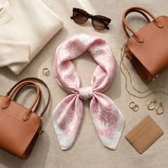 Roselys Paris foulard femme rose crème paisley carré satiné 70x70 cm, porté au cou