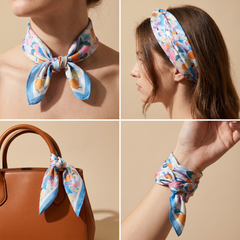 Roselys Paris foulard femme blanc bleu fleuri carré satiné 70x70 cm, en bandeau dans les cheveux