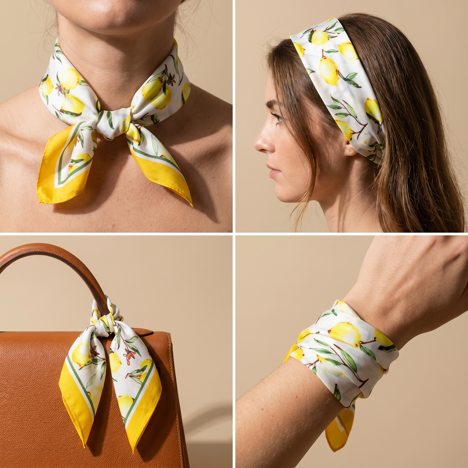 Roselys Paris foulard femme blanc jaune fleuri carré satiné 70x70 cm, en bandeau dans les cheveux