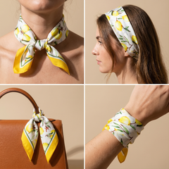 Roselys Paris foulard femme blanc jaune fleuri carré satiné 70x70 cm, en bandeau dans les cheveux