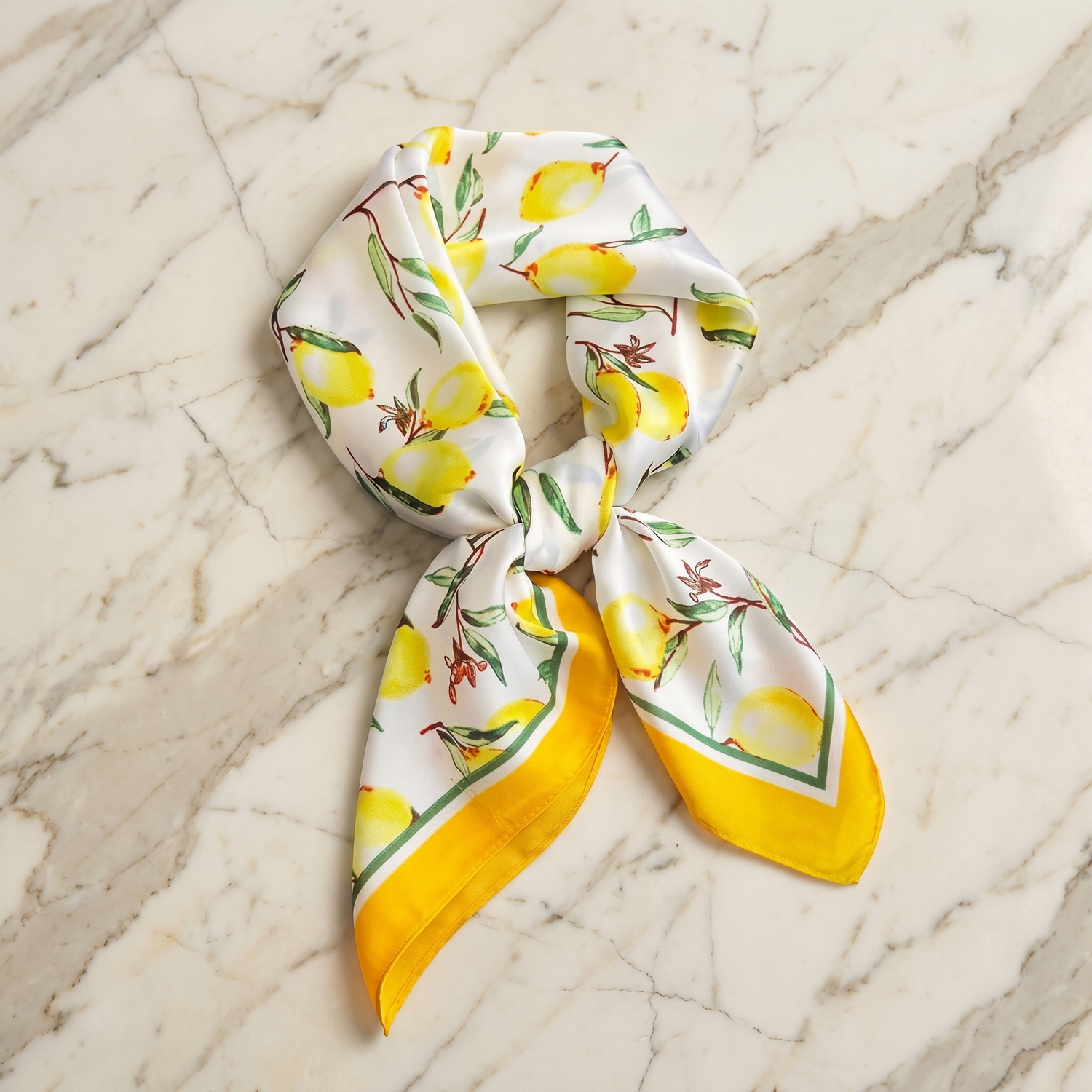 Roselys Paris foulard femme blanc jaune fleuri carré satiné 70x70 cm