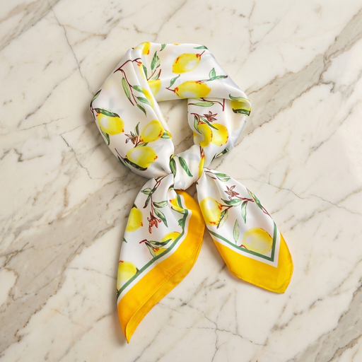 Roselys Paris foulard femme blanc jaune fleuri carré satiné 70x70 cm