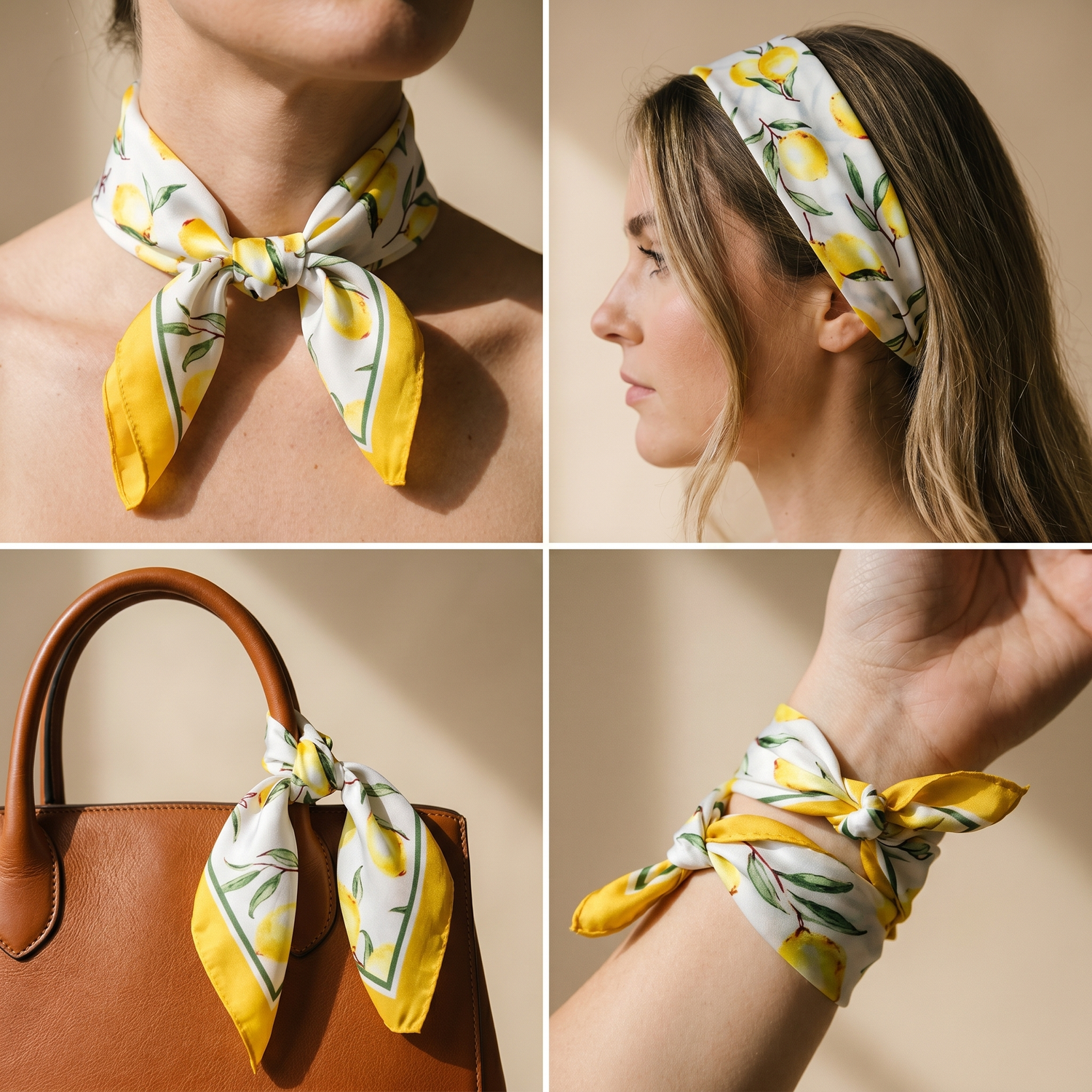 Roselys Paris foulard femme blanc jaune fleuri carré satiné 70x70 cm, en bandeau dans les cheveux