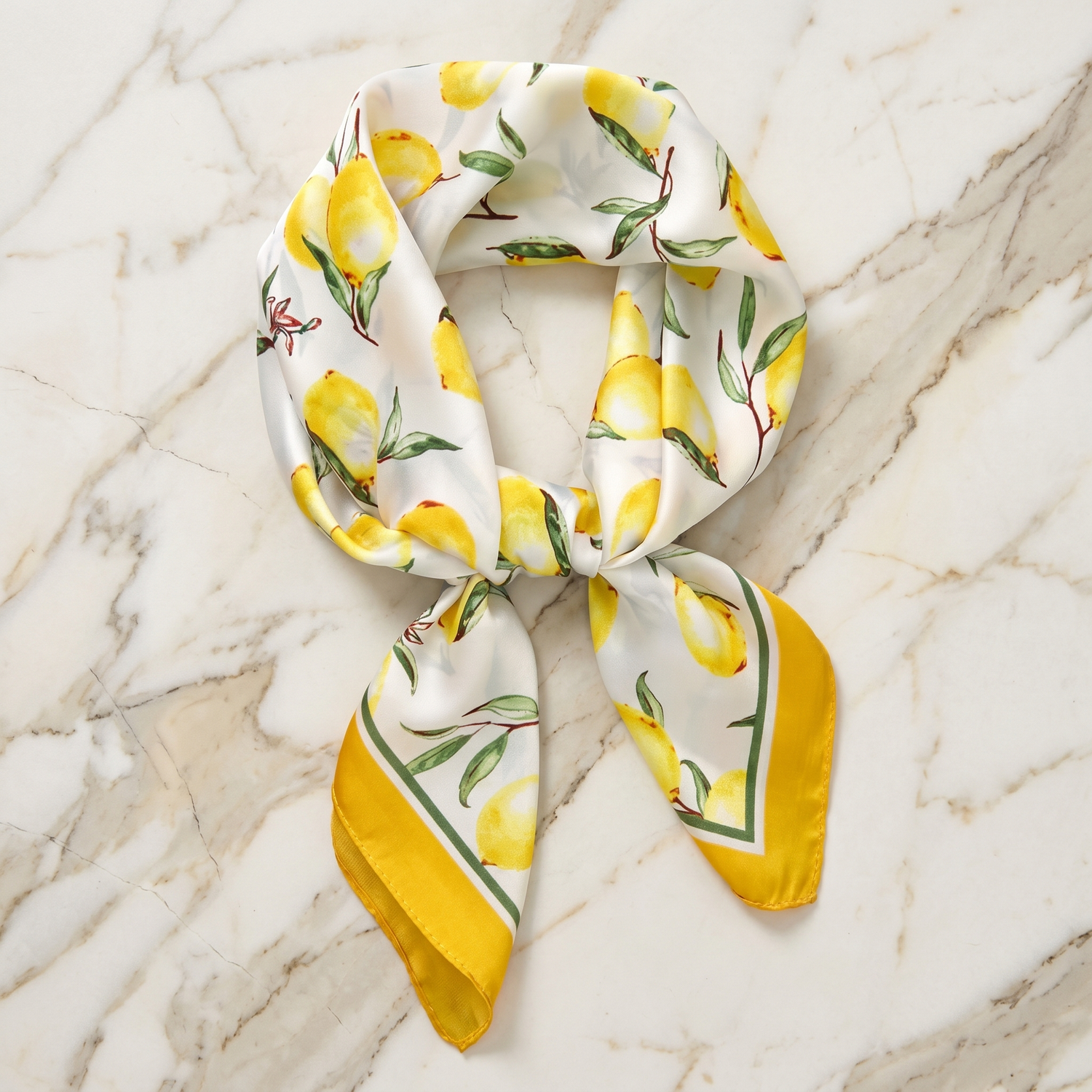 Roselys Paris foulard femme blanc jaune fleuri carré satiné 70x70 cm