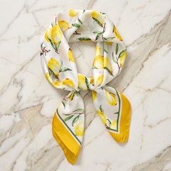Roselys Paris foulard femme blanc jaune fleuri carré satiné 70x70 cm