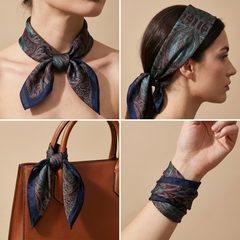 Roselys Paris foulard femme marine noir paisley carré satiné 70x70 cm, en bandeau dans les cheveux