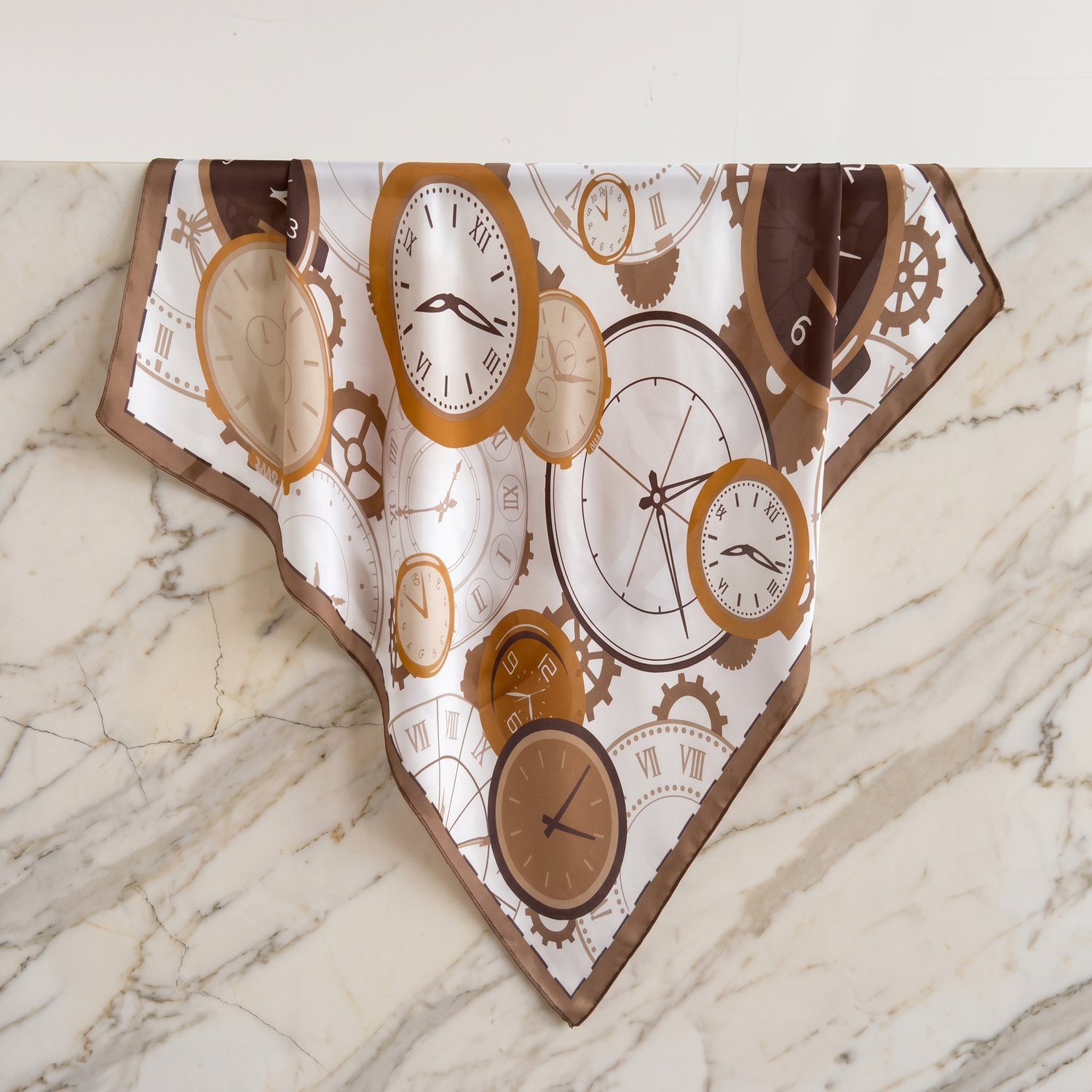 Roselys Paris foulard femme blanc marron baroque carré satiné 70x70 cm
