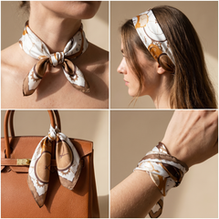 Roselys Paris foulard femme blanc marron baroque carré satiné 70x70 cm, en bandeau dans les cheveux