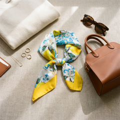 Roselys Paris foulard femme bleu jaune fleuri carré satiné 70x70 cm, porté au cou