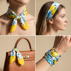 Roselys Paris foulard femme bleu jaune fleuri carré satiné 70x70 cm, en bandeau dans les cheveux